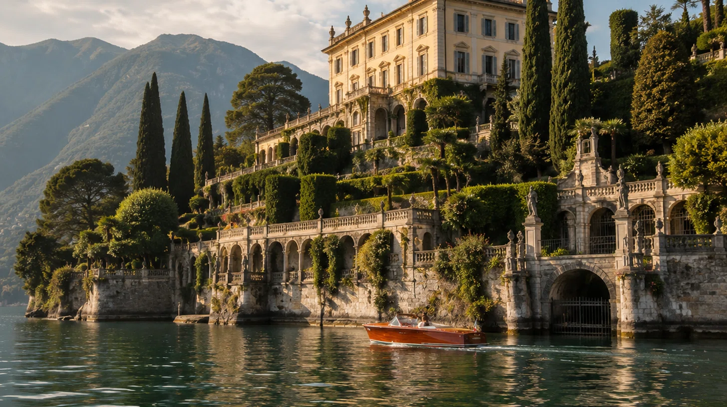 Villa storica e giardini visti da una barca privata sul Lago di Como