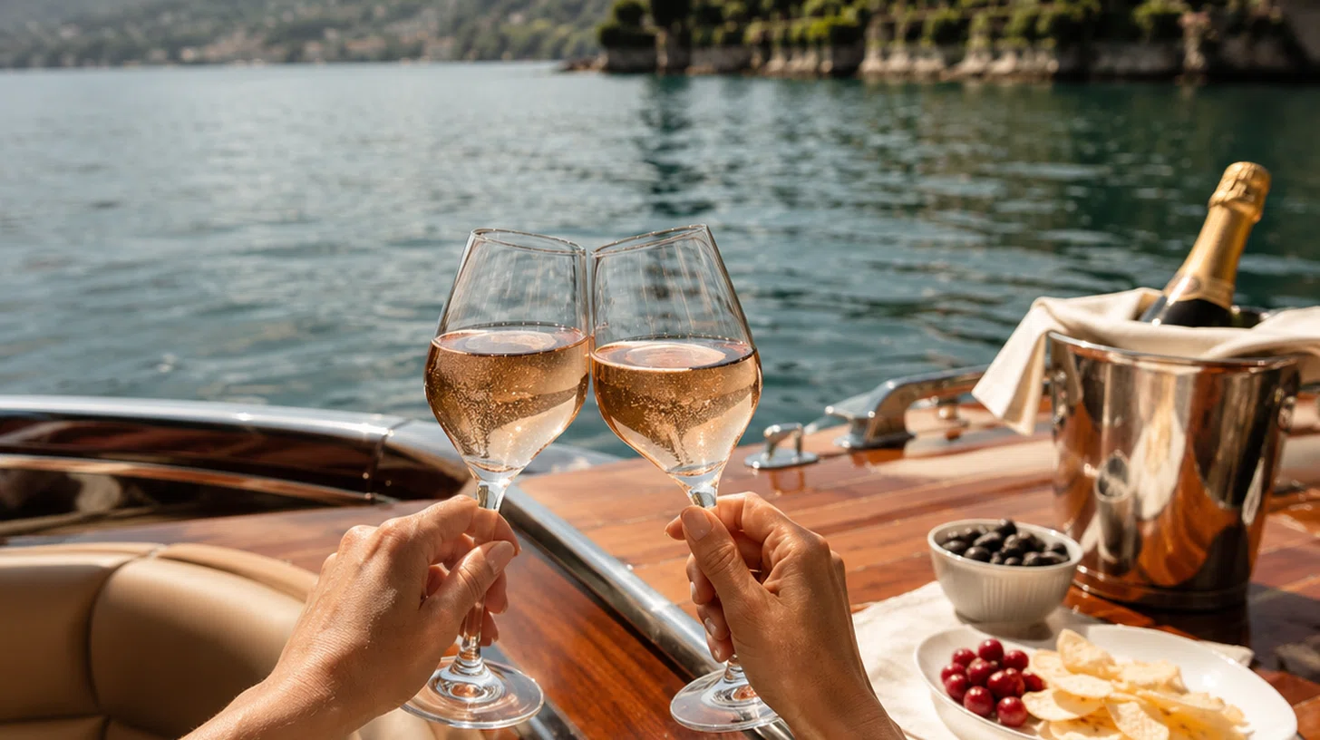 Aperitivo champagne a bordo con montagne e acqua smeraldo