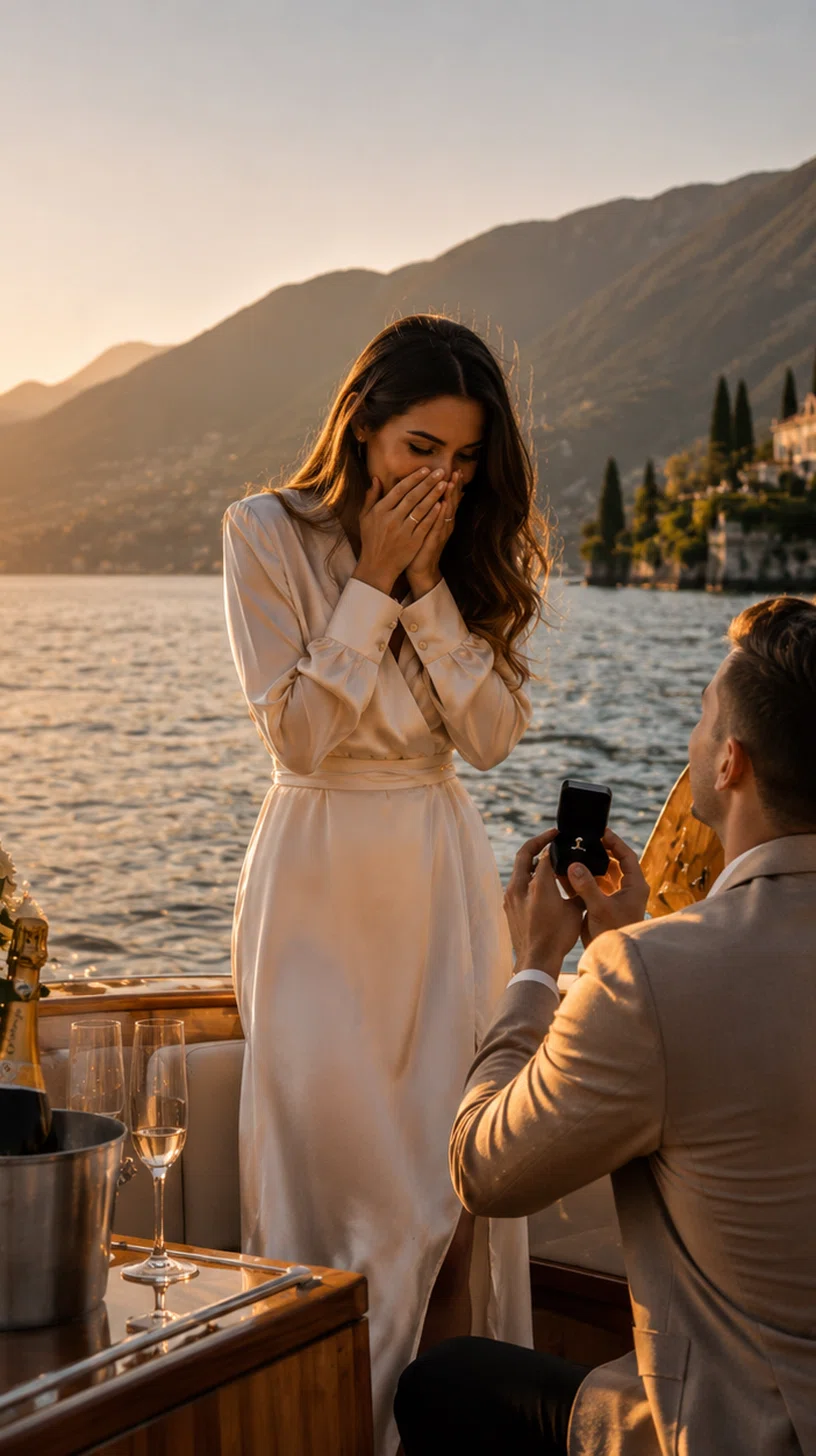 Coppia in esperienza romantica sul lago al tramonto